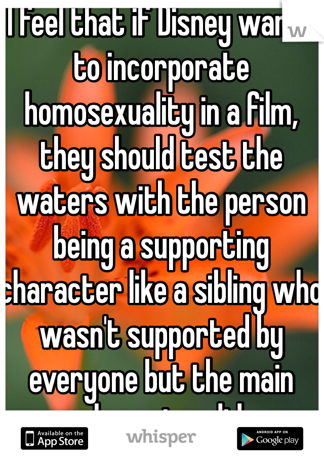 I feel that if Disney wants to incorporate homosexuality in a film, they should test the waters with the person being a supporting character like a sibling who wasn't supported by everyone but the main character did 