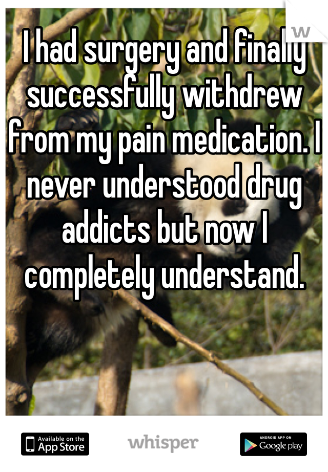 I had surgery and finally successfully withdrew from my pain medication. I never understood drug addicts but now I completely understand. 