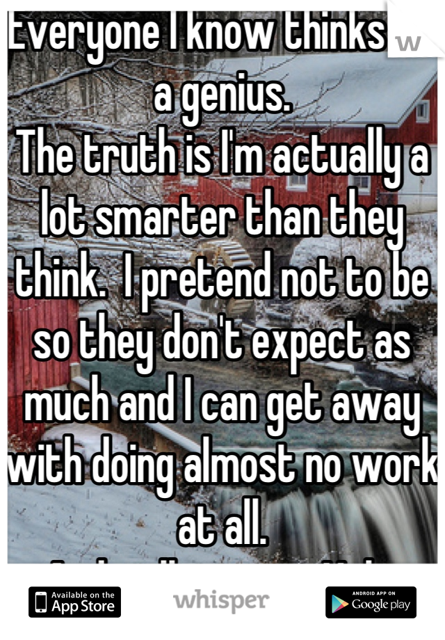 Everyone I know thinks I'm a genius.
The truth is I'm actually a lot smarter than they think.  I pretend not to be so they don't expect as much and I can get away with doing almost no work at all.
And still got into Yale.