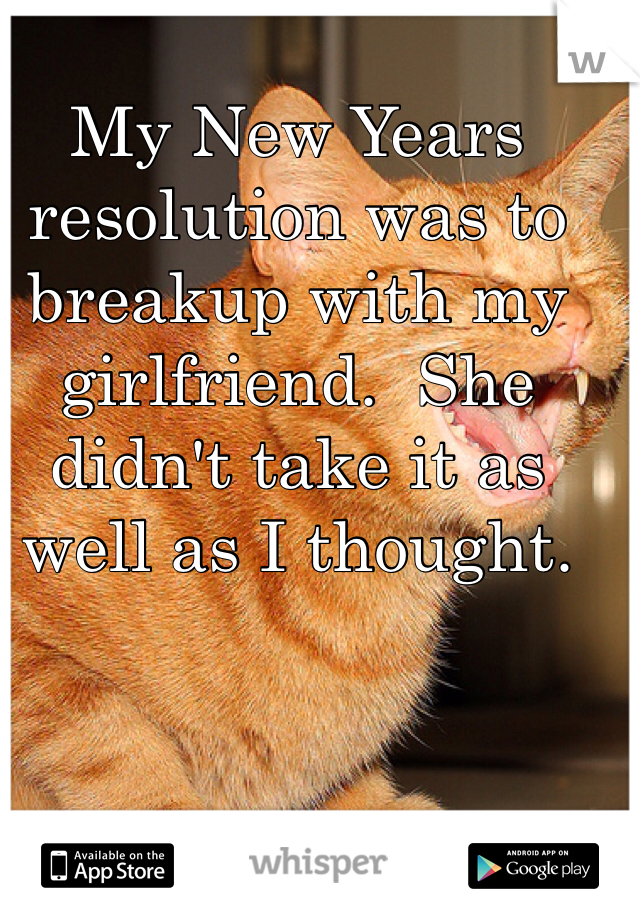 My New Years resolution was to breakup with my girlfriend.  She didn't take it as well as I thought. 