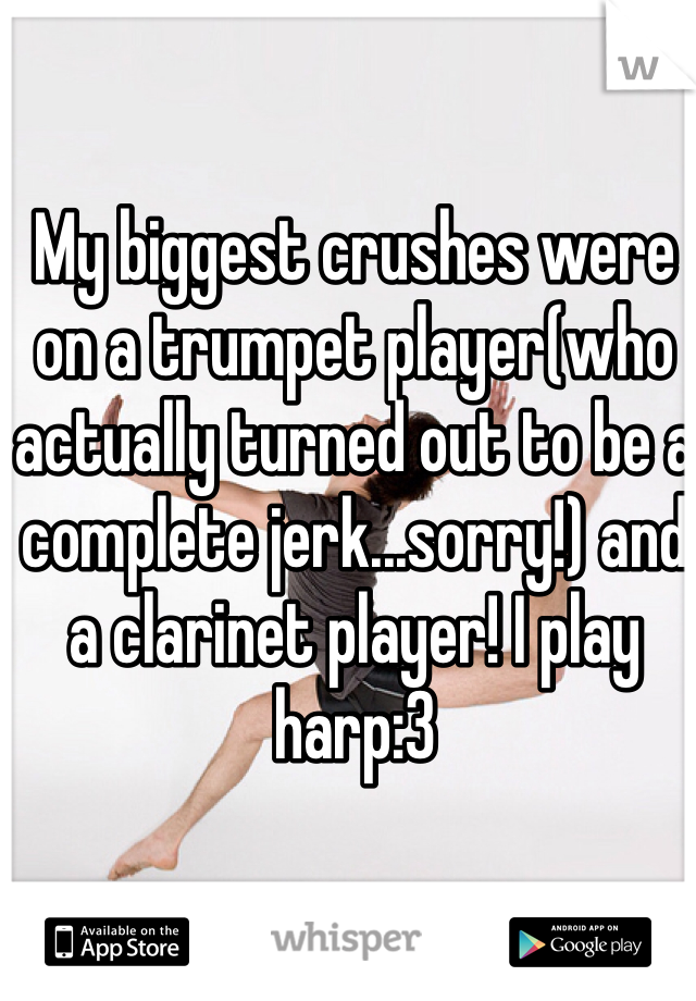 My biggest crushes were on a trumpet player(who actually turned out to be a complete jerk...sorry!) and a clarinet player! I play harp:3