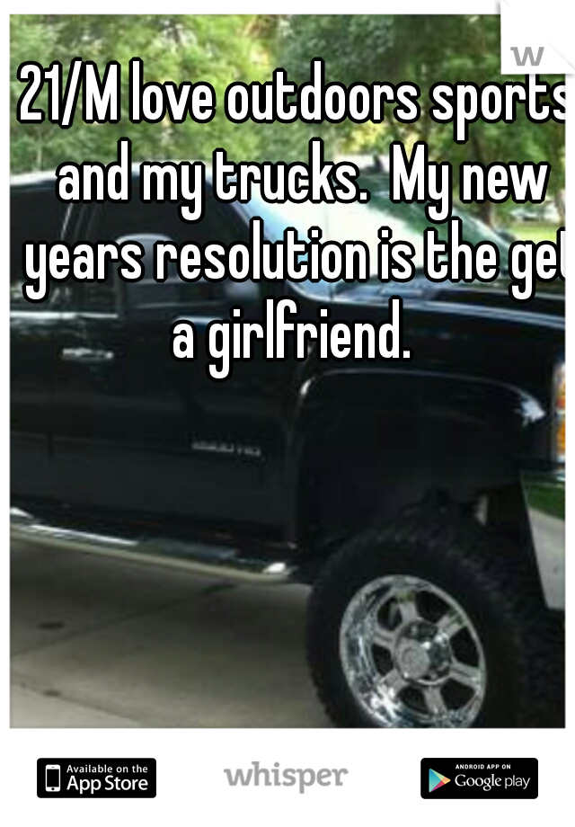 21/M love outdoors sports and my trucks.  My new years resolution is the get a girlfriend.  