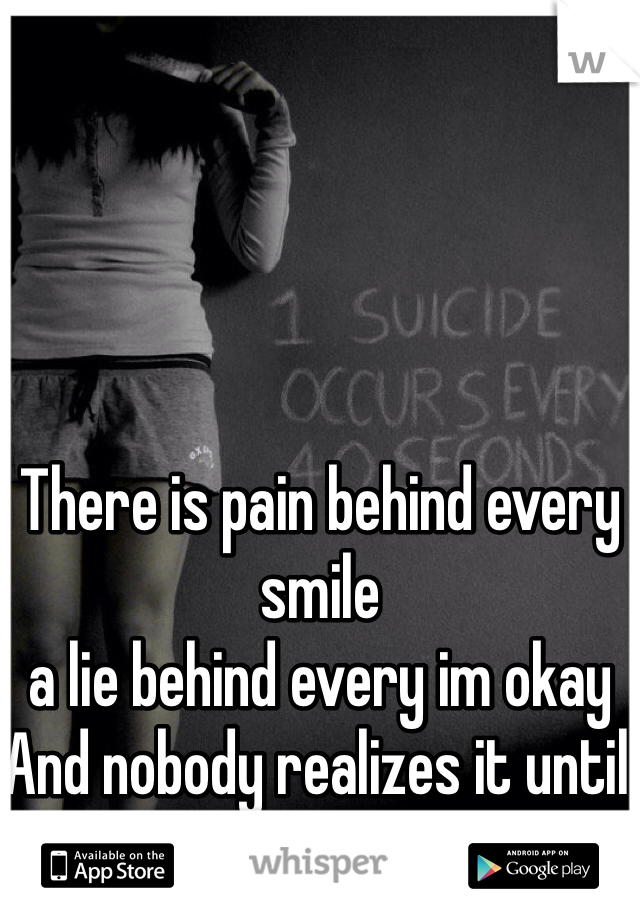 There is pain behind every smile 
a lie behind every im okay
And nobody realizes it until they are to late 