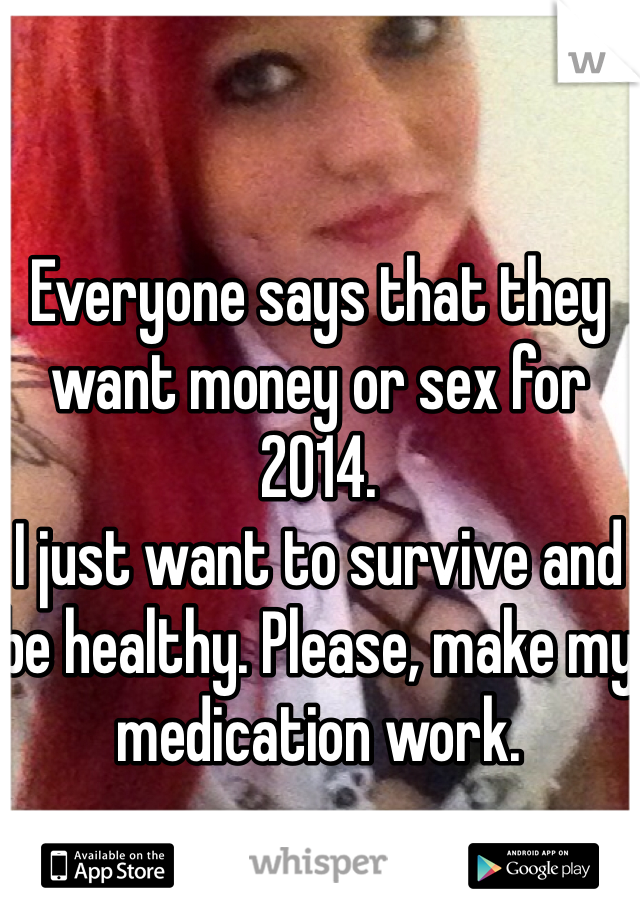 Everyone says that they want money or sex for 2014. 
I just want to survive and be healthy. Please, make my medication work. 