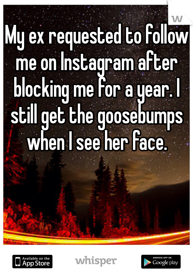 My ex requested to follow me on Instagram after blocking me for a year. I still get the goosebumps when I see her face. 