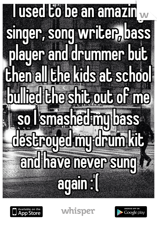 I used to be an amazing singer, song writer, bass player and drummer but then all the kids at school bullied the shit out of me so I smashed my bass destroyed my drum kit and have never sung again :'(