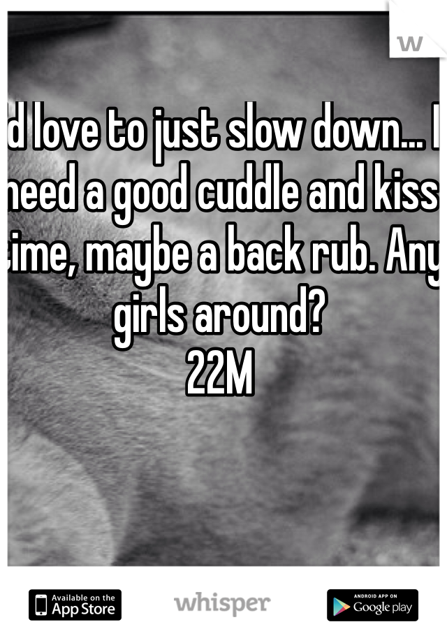 I'd love to just slow down... I need a good cuddle and kiss time, maybe a back rub. Any girls around?  
22M