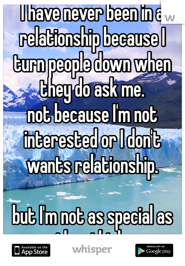 I have never been in a relationship because I turn people down when they do ask me.
not because I'm not interested or I don't wants relationship.

but I'm not as special as they think.