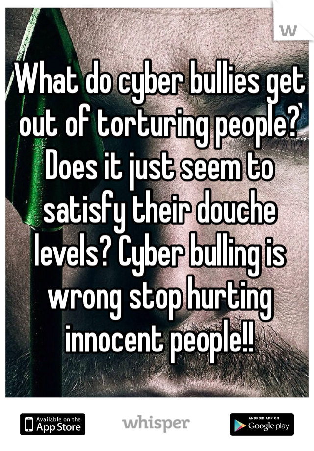 What do cyber bullies get out of torturing people? Does it just seem to satisfy their douche levels? Cyber bulling is wrong stop hurting innocent people!! 