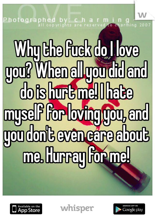 Why the fuck do I love you? When all you did and do is hurt me! I hate myself for loving you, and you don't even care about me. Hurray for me! 