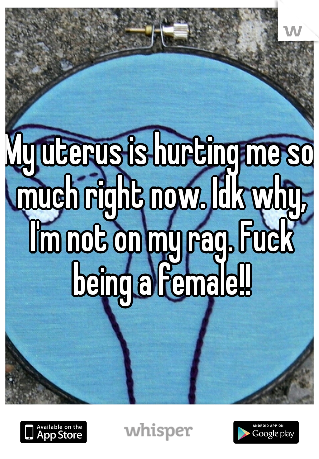 My uterus is hurting me so much right now. Idk why, I'm not on my rag. Fuck being a female!!