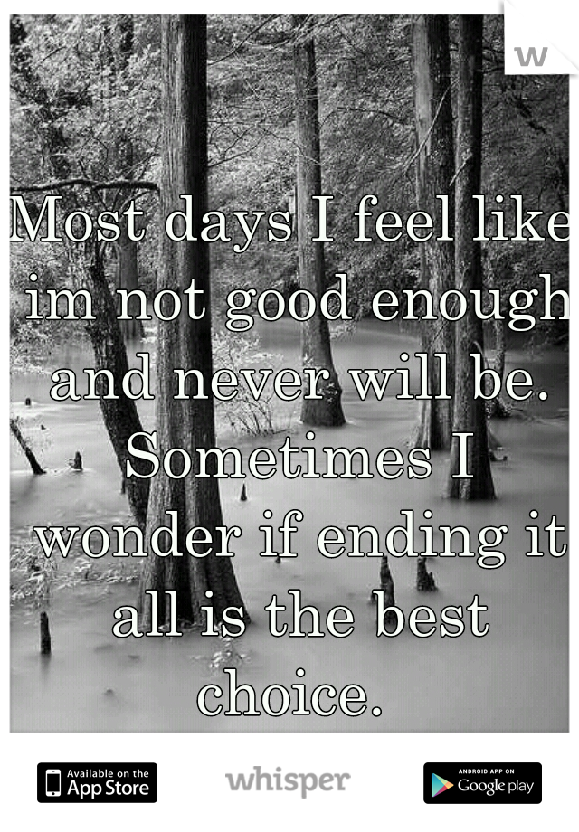 Most days I feel like im not good enough and never will be. Sometimes I wonder if ending it all is the best choice. 