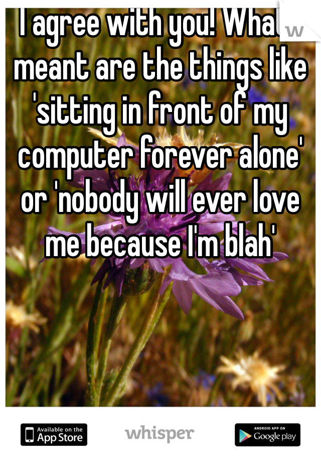 I agree with you! What I meant are the things like 'sitting in front of my computer forever alone' or 'nobody will ever love me because I'm blah'