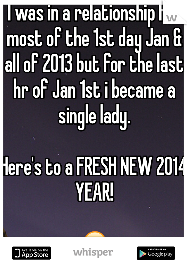 I was in a relationship for most of the 1st day Jan & all of 2013 but for the last hr of Jan 1st i became a single lady.

Here's to a FRESH NEW 2014 YEAR! 

😝