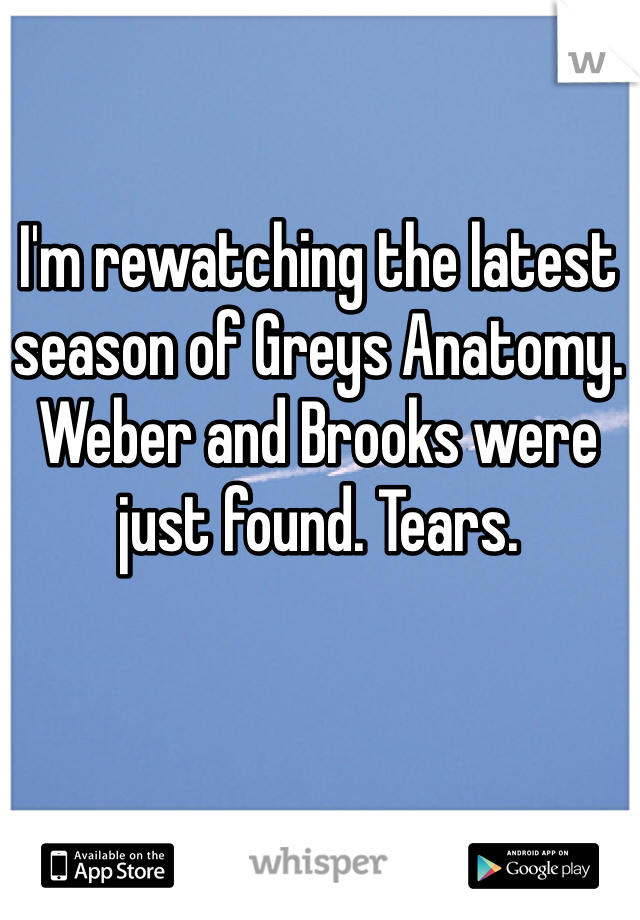 I'm rewatching the latest season of Greys Anatomy. Weber and Brooks were just found. Tears. 