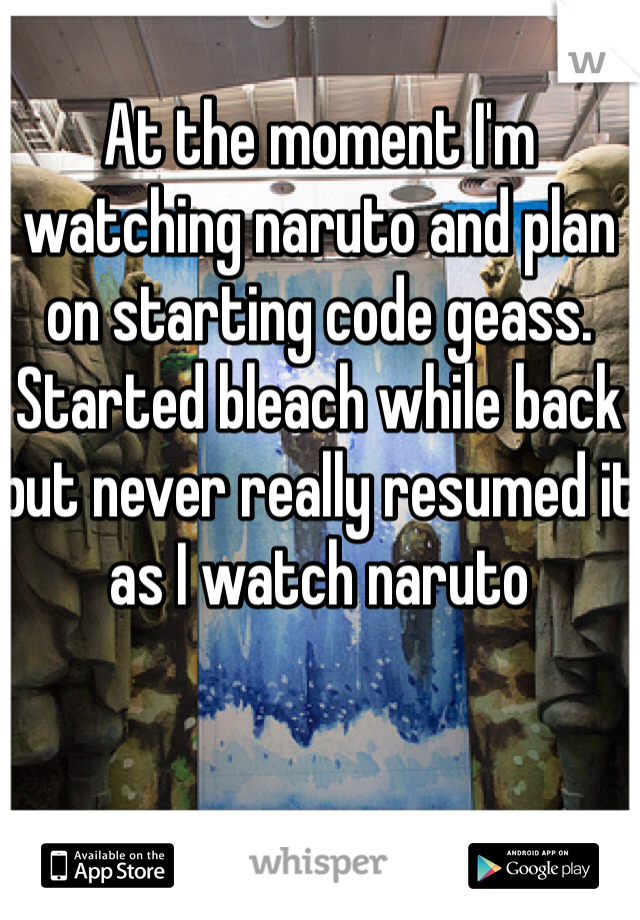 At the moment I'm watching naruto and plan on starting code geass. Started bleach while back but never really resumed it as I watch naruto