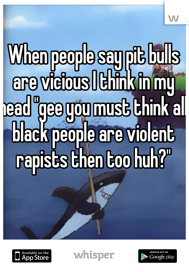 When people say pit bulls are vicious I think in my head "gee you must think all black people are violent rapists then too huh?"