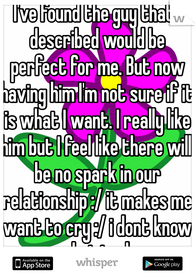 I've found the guy that I described would be perfect for me. But now having him I'm not sure if it is what I want. I really like him but I feel like there will be no spark in our relationship :/ it makes me want to cry :/ i dont know what to do 