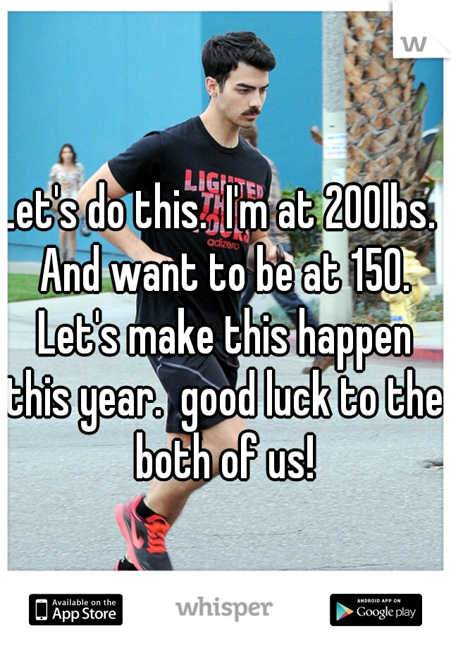 Let's do this.  I'm at 200lbs.  And want to be at 150. Let's make this happen this year.  good luck to the both of us!