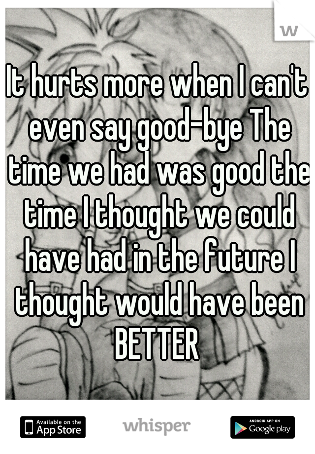 It hurts more when I can't even say good-bye The time we had was good the time I thought we could have had in the future I thought would have been BETTER 