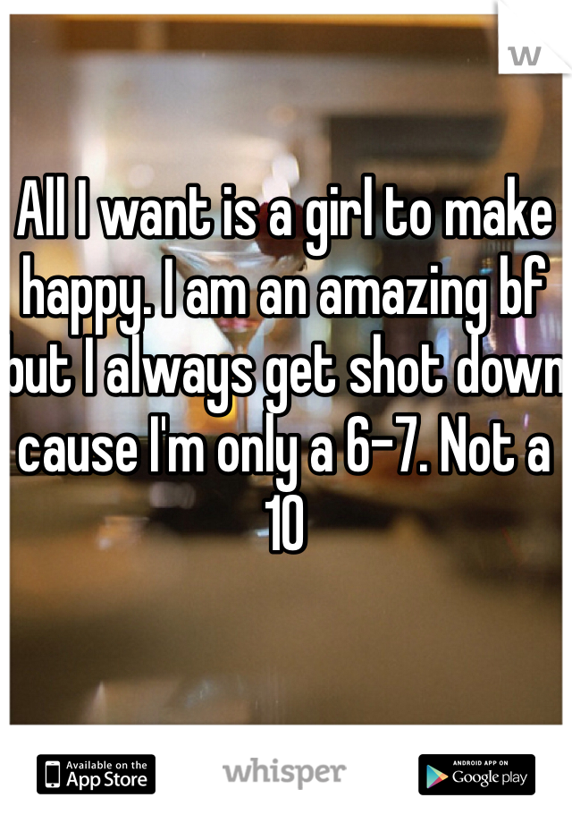 All I want is a girl to make happy. I am an amazing bf but I always get shot down cause I'm only a 6-7. Not a 10