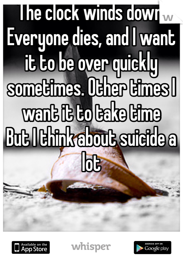 The clock winds down. Everyone dies, and I want it to be over quickly sometimes. Other times I want it to take time
But I think about suicide a lot