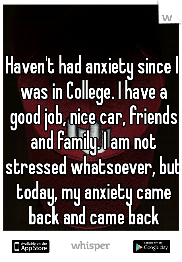 Haven't had anxiety since I was in College. I have a good job, nice car, friends and family. I am not stressed whatsoever, but today, my anxiety came back and came back strong. I have no clue why. 