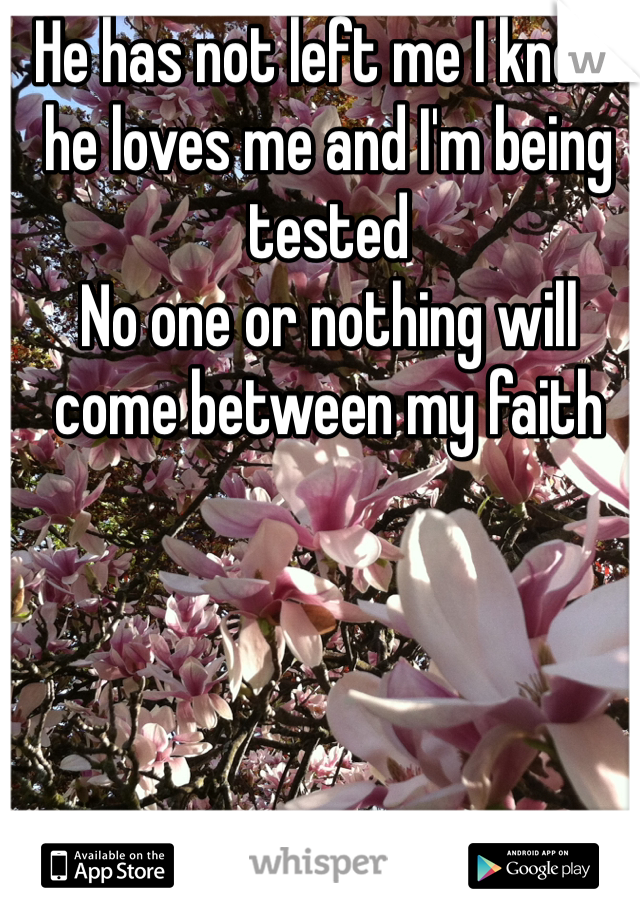 He has not left me I know he loves me and I'm being tested 
No one or nothing will come between my faith 
