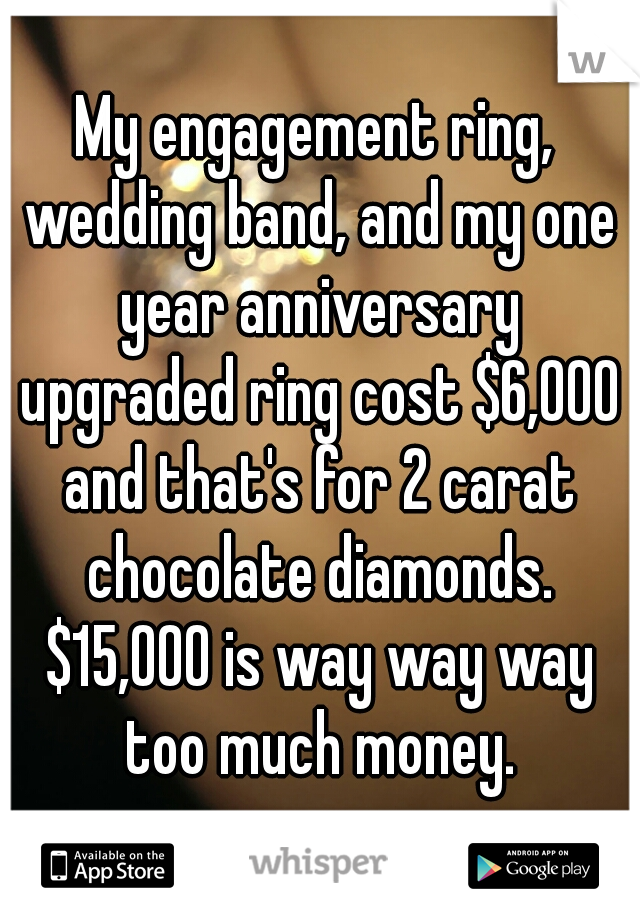 My engagement ring, wedding band, and my one year anniversary upgraded ring cost $6,000 and that's for 2 carat chocolate diamonds. $15,000 is way way way too much money.