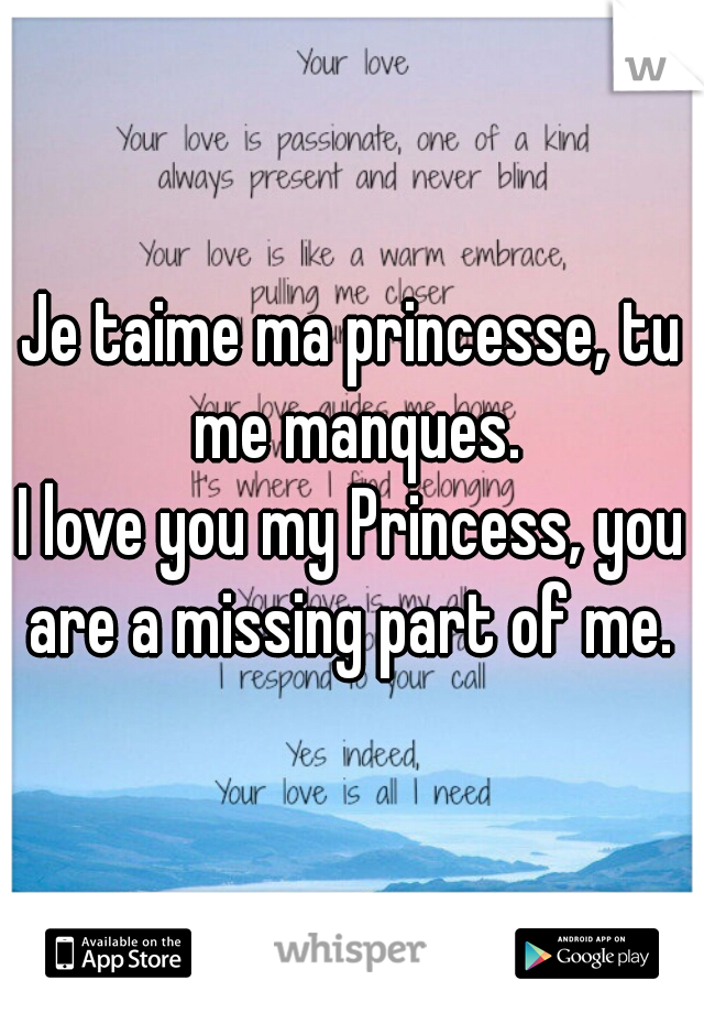 Je taime ma princesse, tu me manques.
I love you my Princess, you are a missing part of me. 