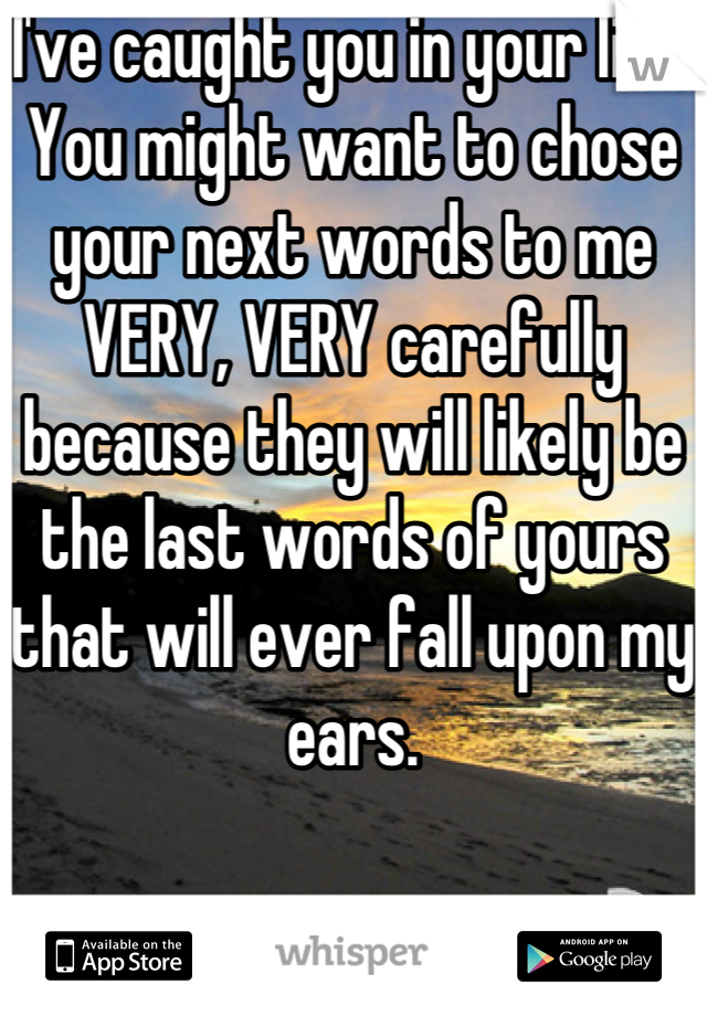 I've caught you in your lies. You might want to chose your next words to me VERY, VERY carefully because they will likely be the last words of yours that will ever fall upon my ears.