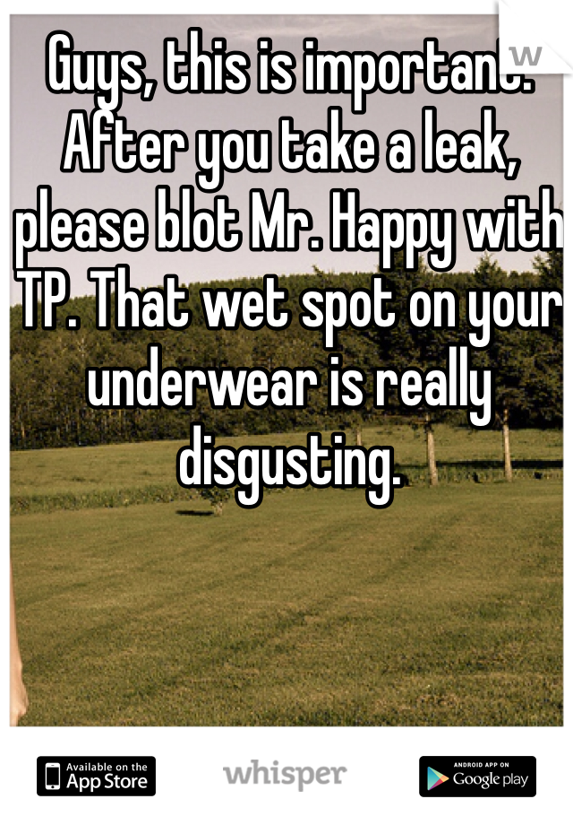 Guys, this is important. After you take a leak, please blot Mr. Happy with TP. That wet spot on your underwear is really disgusting.