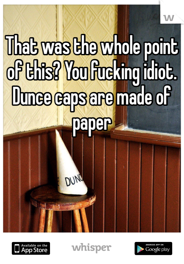 That was the whole point of this? You fucking idiot. Dunce caps are made of paper 