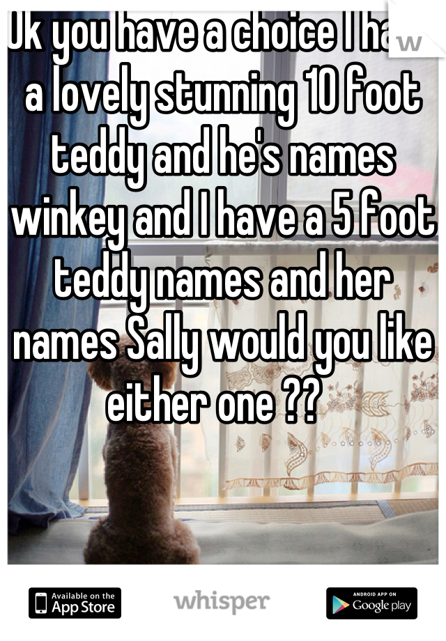 Ok you have a choice I have a lovely stunning 10 foot teddy and he's names winkey and I have a 5 foot teddy names and her names Sally would you like either one ??  