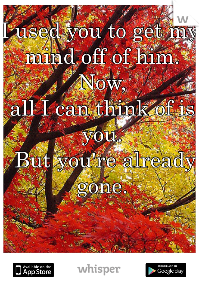 I used you to get my mind off of him. Now, 
all I can think of is you.
 But you're already gone. 