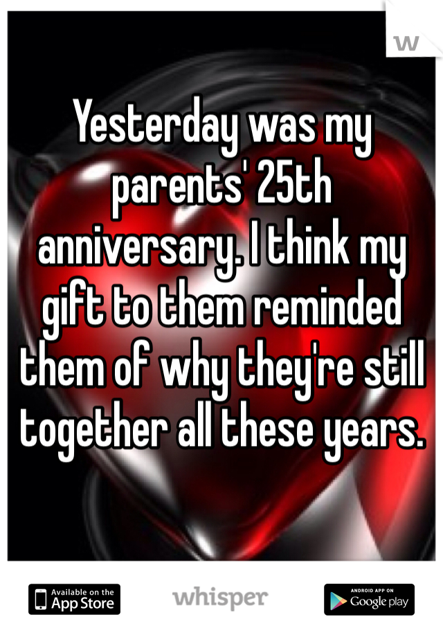 Yesterday was my parents' 25th anniversary. I think my gift to them reminded them of why they're still together all these years.