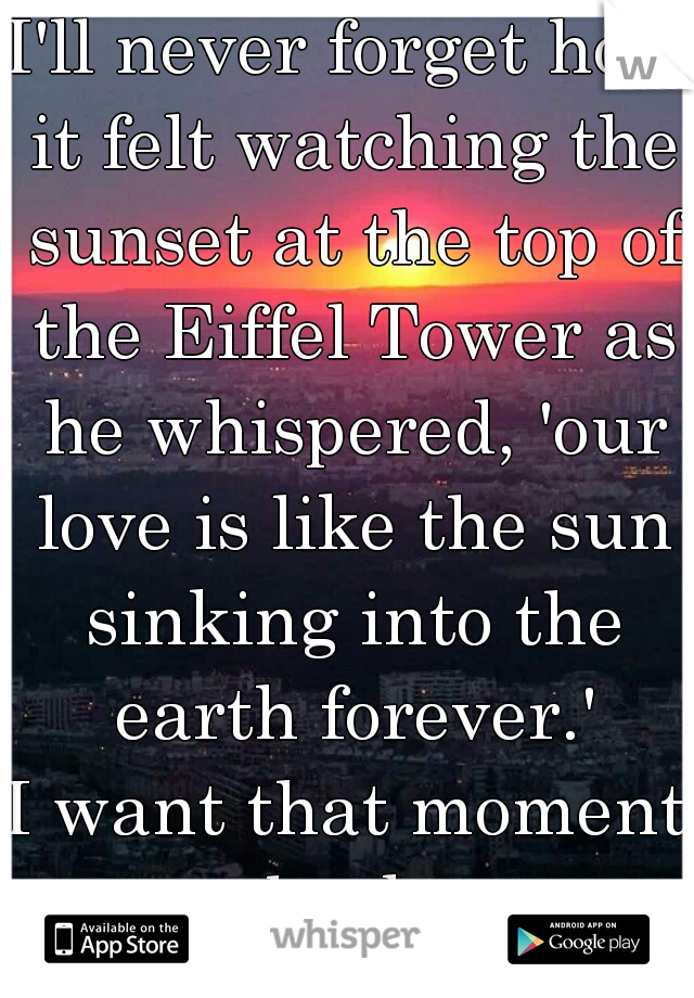 I'll never forget how it felt watching the sunset at the top of the Eiffel Tower as he whispered, 'our love is like the sun sinking into the earth forever.'

I want that moment back.