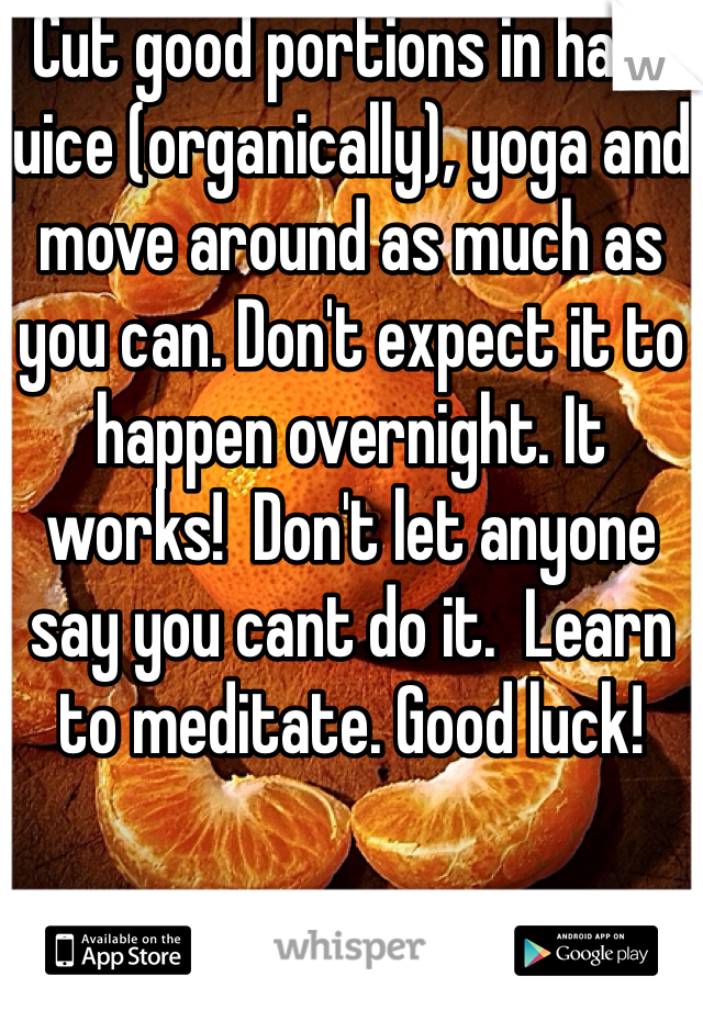 Cut good portions in half, juice (organically), yoga and move around as much as you can. Don't expect it to happen overnight. It works!  Don't let anyone say you cant do it.  Learn to meditate. Good luck!