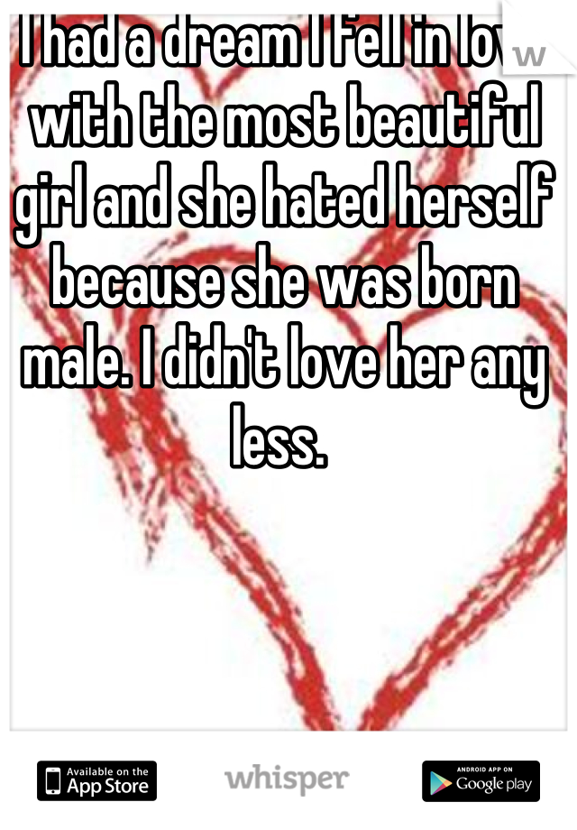 I had a dream I fell in love with the most beautiful girl and she hated herself because she was born male. I didn't love her any less. 