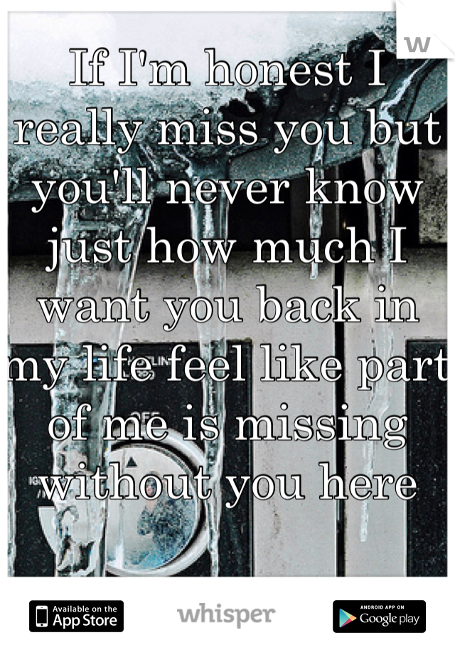 If I'm honest I really miss you but you'll never know just how much I want you back in my life feel like part of me is missing without you here