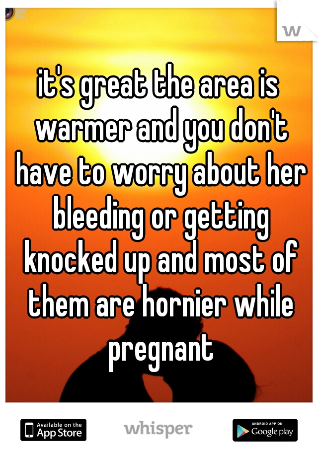 it's great the area is warmer and you don't have to worry about her bleeding or getting knocked up and most of them are hornier while pregnant