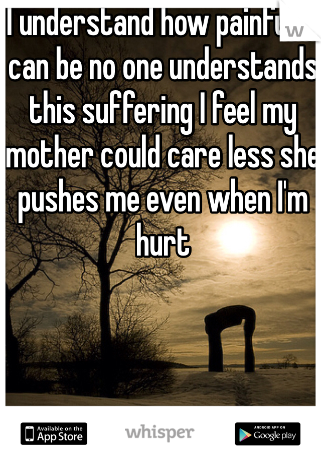 I understand how painful it can be no one understands this suffering I feel my mother could care less she pushes me even when I'm hurt