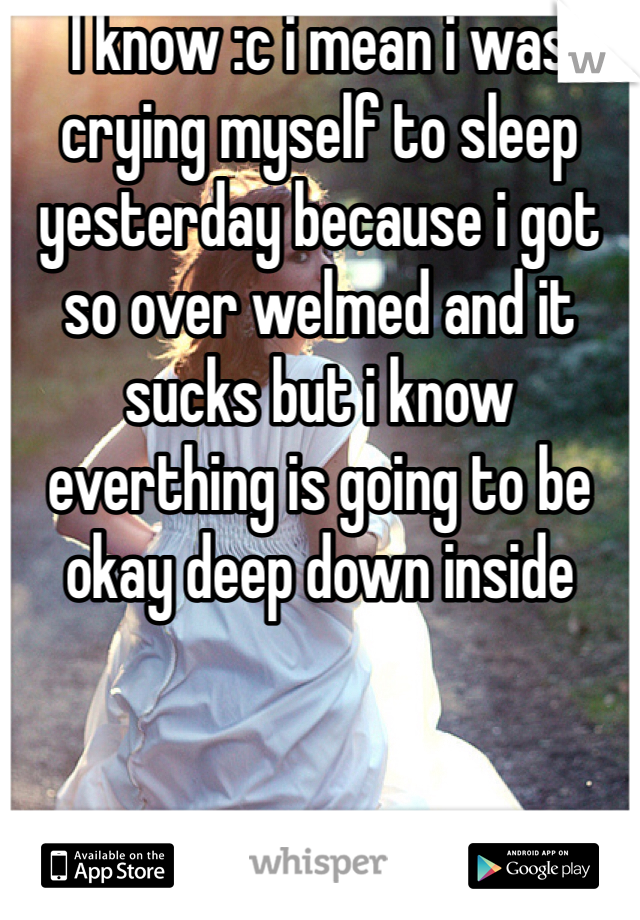 I know :c i mean i was crying myself to sleep yesterday because i got so over welmed and it sucks but i know everthing is going to be okay deep down inside