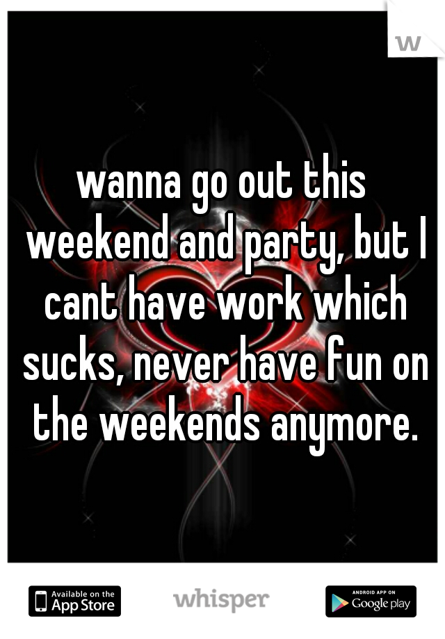 wanna go out this weekend and party, but I cant have work which sucks, never have fun on the weekends anymore.