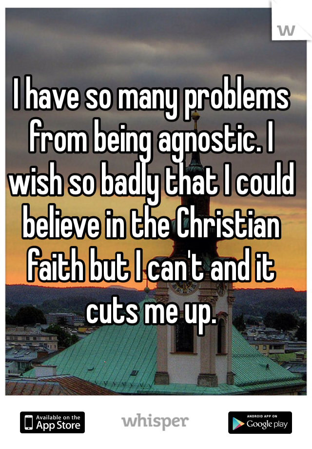 I have so many problems from being agnostic. I wish so badly that I could believe in the Christian faith but I can't and it cuts me up. 
