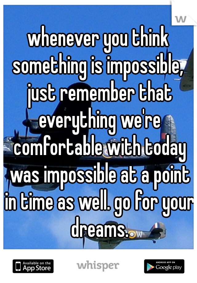 whenever you think something is impossible,  just remember that everything we're comfortable with today was impossible at a point in time as well. go for your dreams.