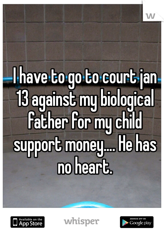 I have to go to court jan 13 against my biological father for my child support money.... He has no heart.