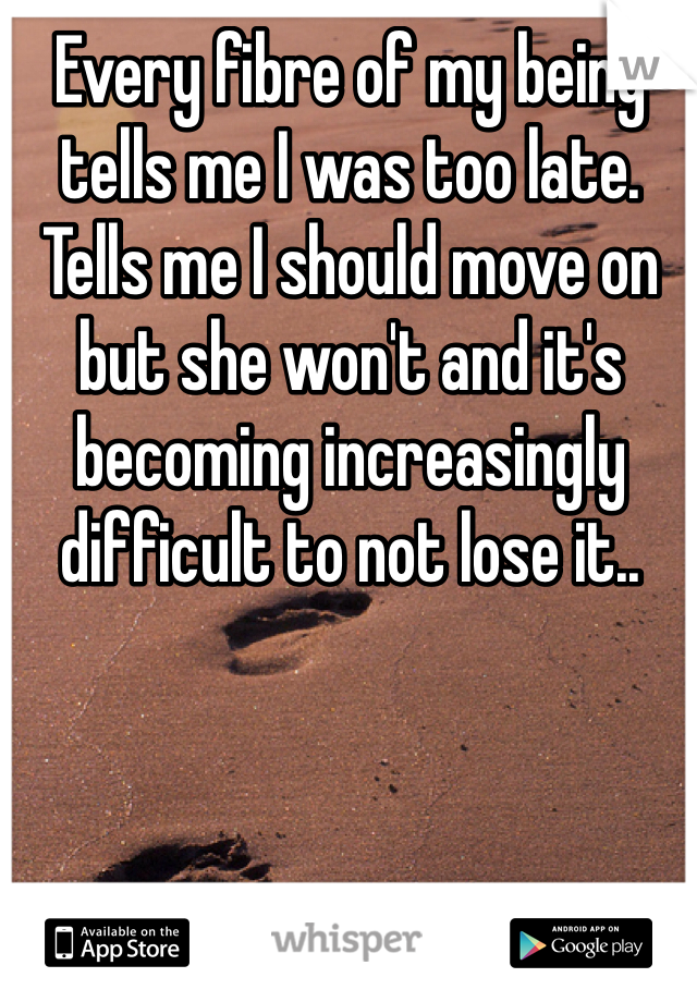 Every fibre of my being tells me I was too late. Tells me I should move on but she won't and it's becoming increasingly difficult to not lose it..