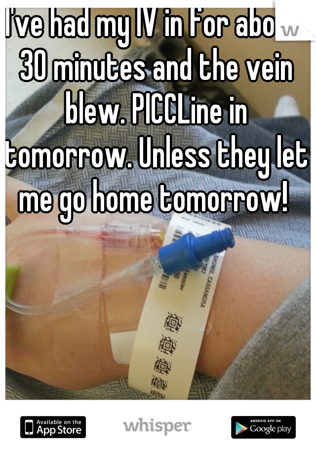 I've had my IV in for about 30 minutes and the vein blew. PICCLine in tomorrow. Unless they let me go home tomorrow! 