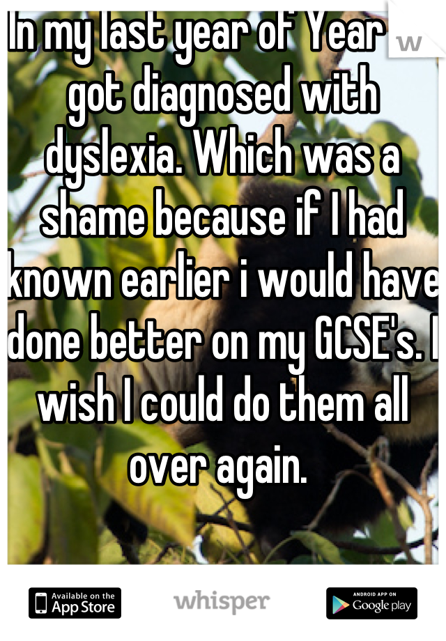 In my last year of Year 11 I got diagnosed with dyslexia. Which was a shame because if I had known earlier i would have done better on my GCSE's. I wish I could do them all over again. 